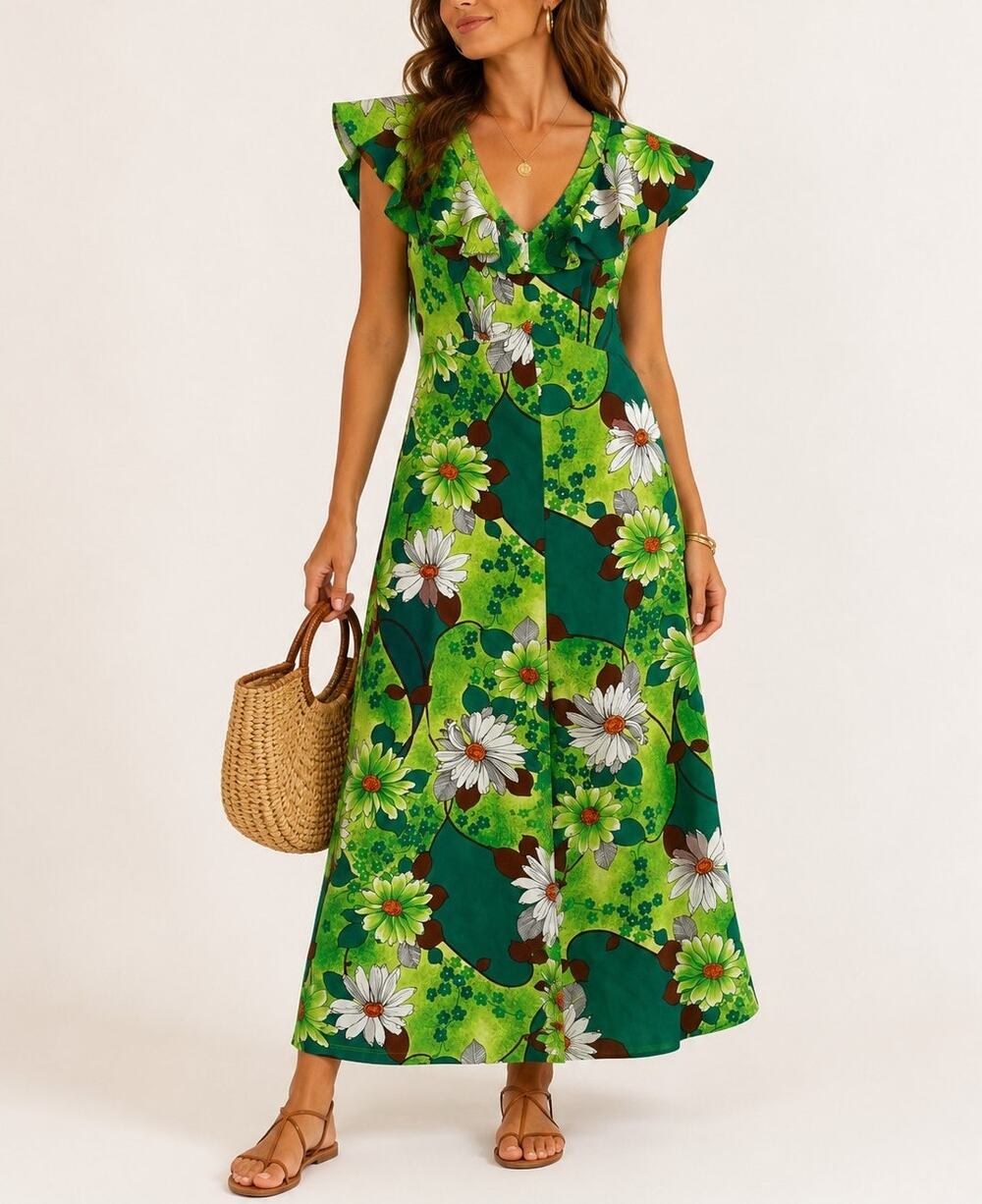 Vintage 1970s Kelii’s Of Hawaii Maxi Dress Size 10 Green Floral Tropical Resort